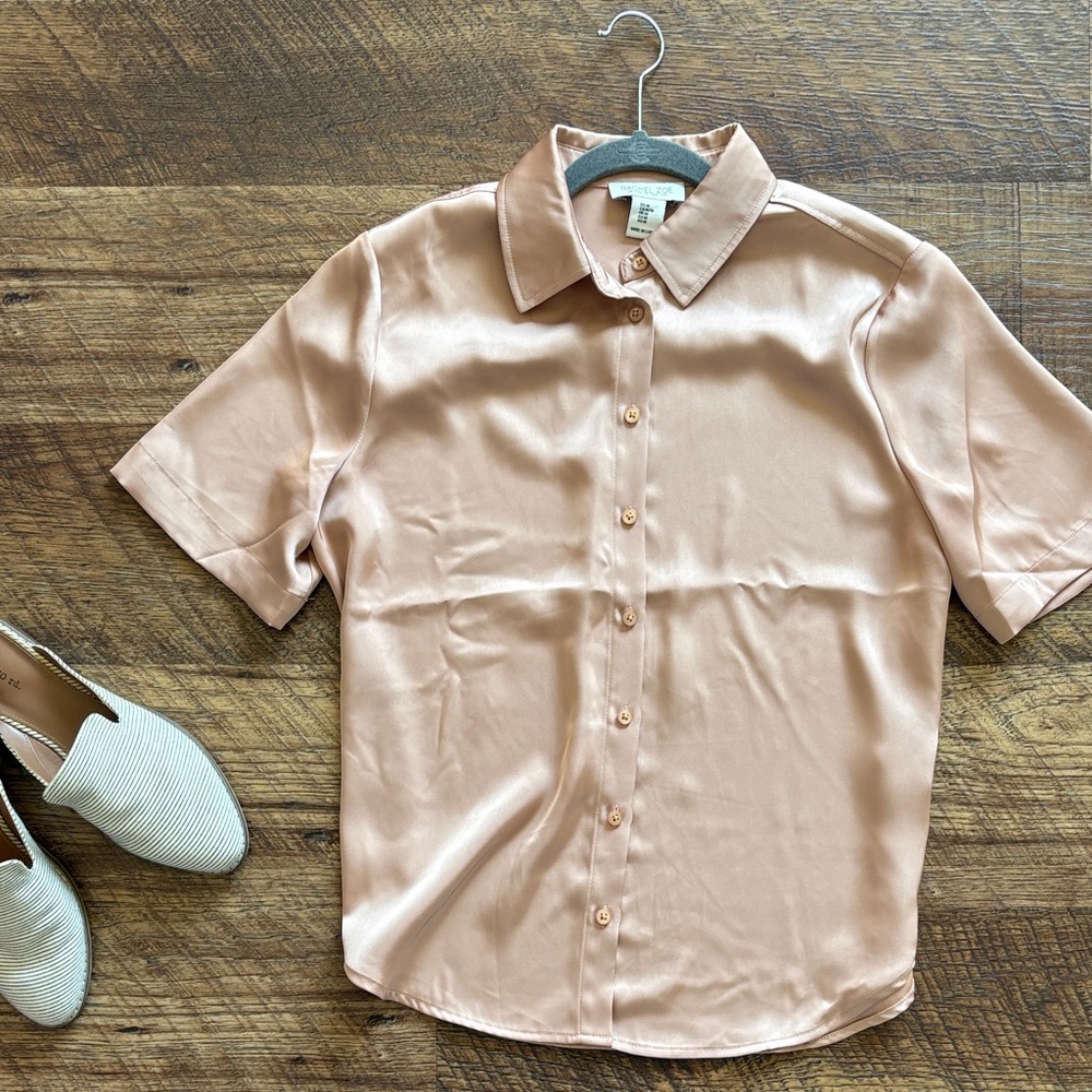 Rachel Zoe Blush Pink Short-Sleeve Silk Button-Up Blouse
